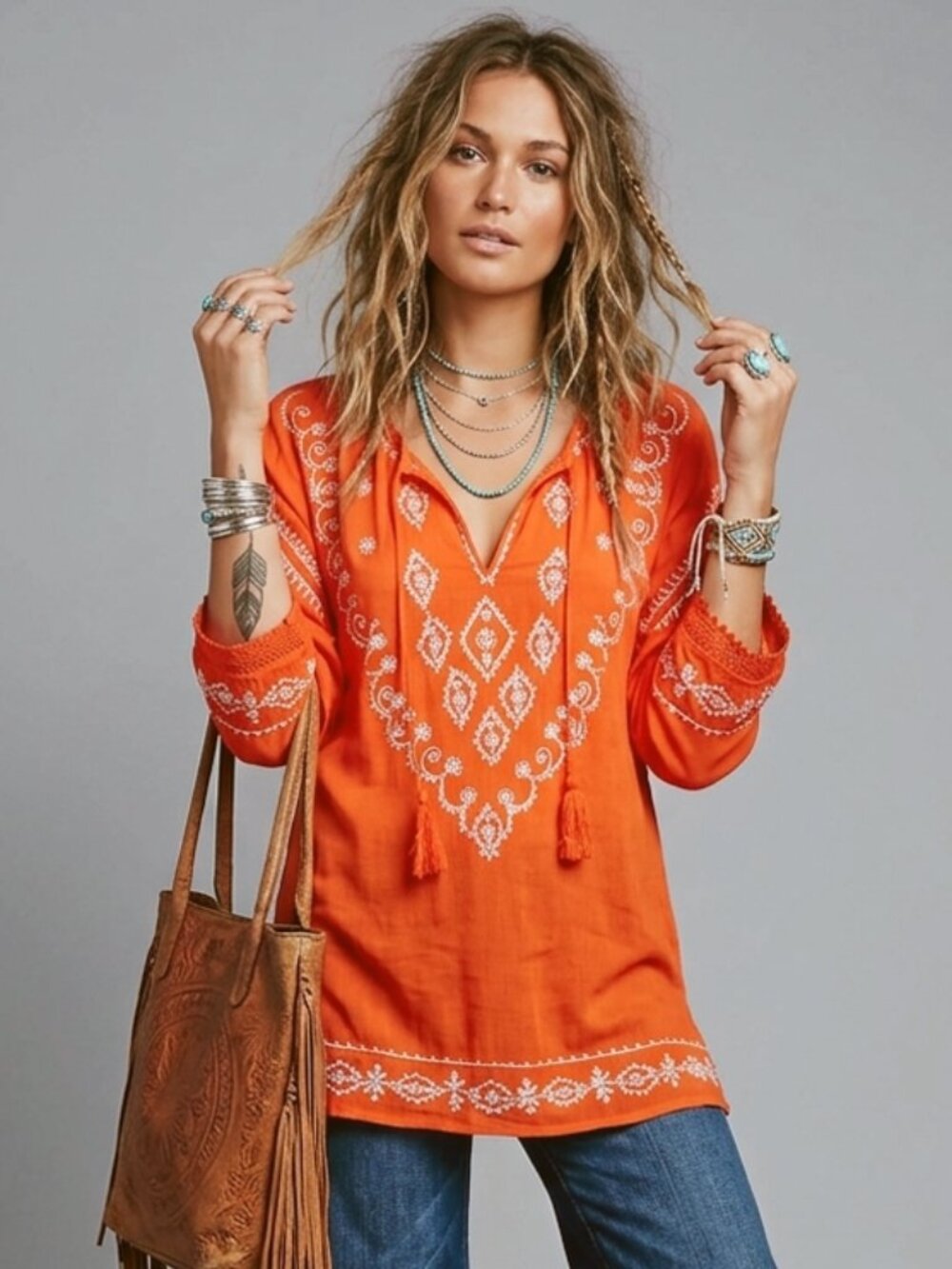 XL Vintage DEADSTOCK Y2k La Moda Orange Embroidered Tunic Shirt Top Hippie Boho